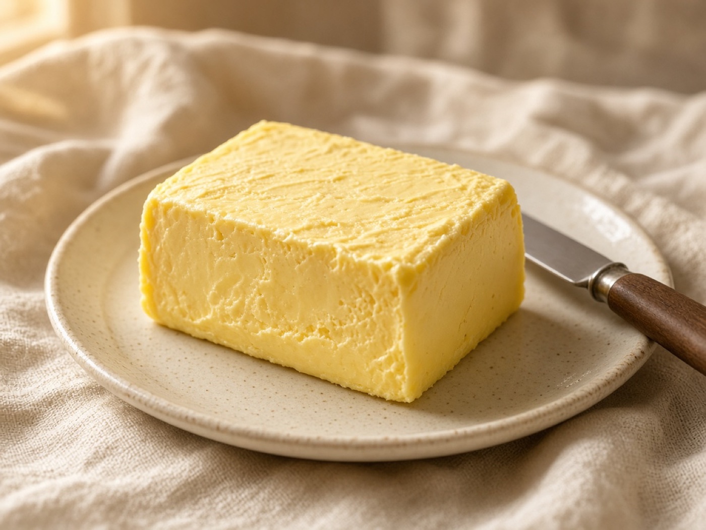 A block of golden butter on a plate.