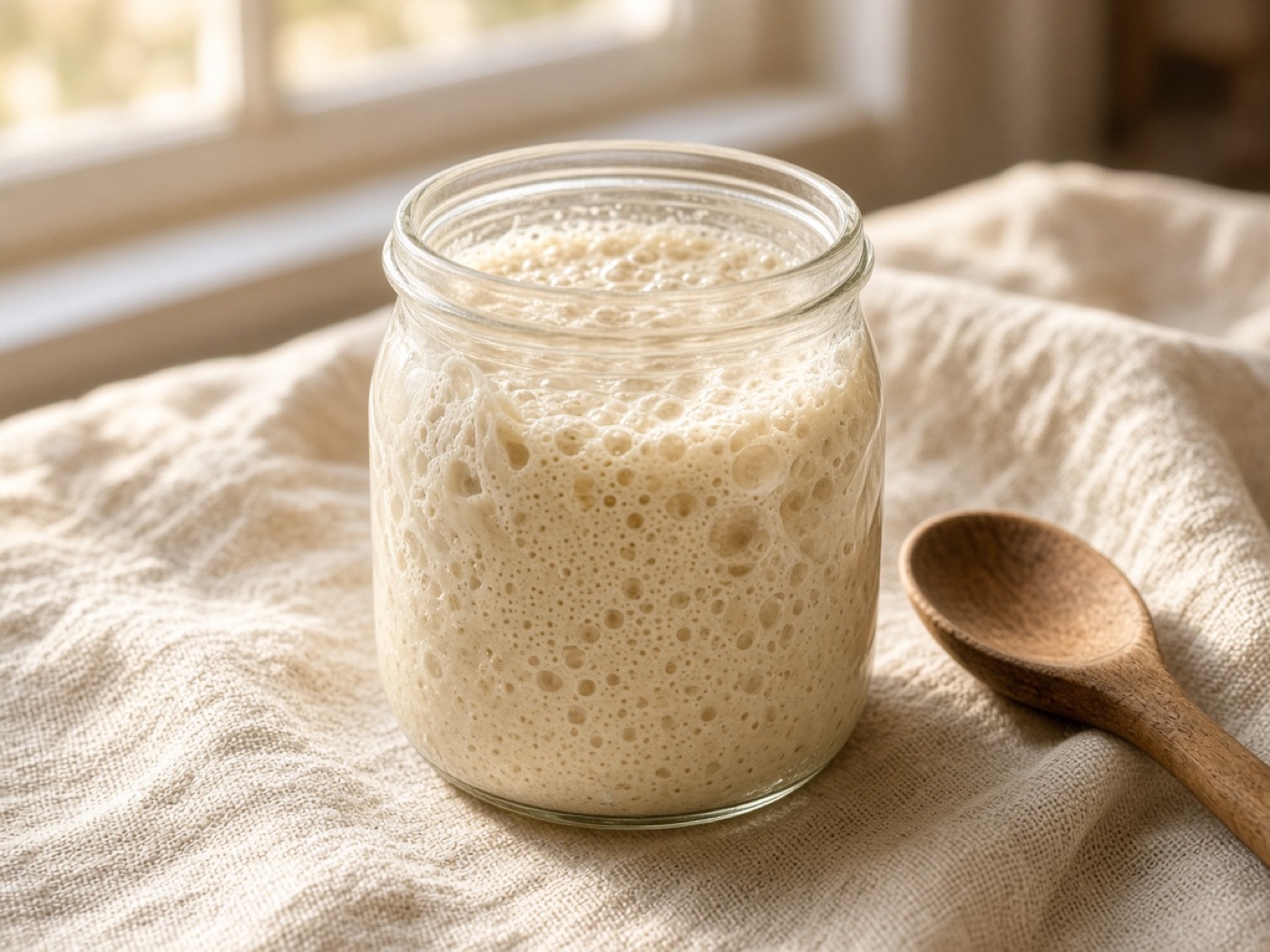 A glass jar of bubbly sourdough starter.