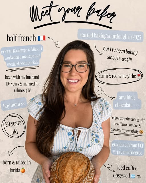 The baker holding a sourdough loaf.